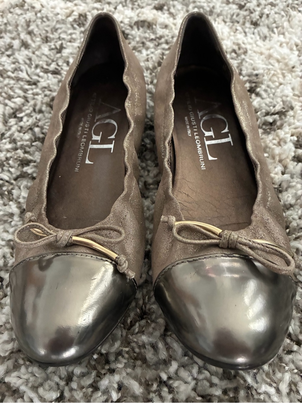 AUTHENTIC AGL Taupe Suede Ballet Flats with Metallic Silver Cap Toe